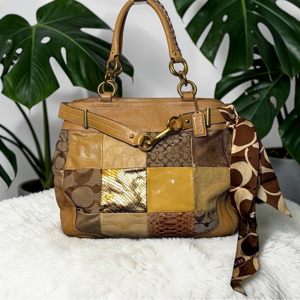 Rare Coach Patchwork Shoulder Bag in Brown and Gold